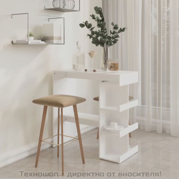 Бар маса с рафтове, бяла, 100x50x101,5 см, инженерно дърво