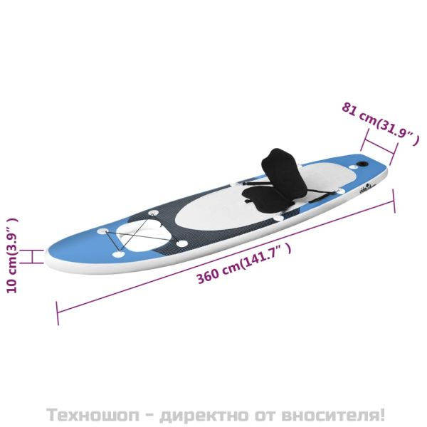 Комплект надуваем стендъп падълборд, морско синьо, 360x81x10 см