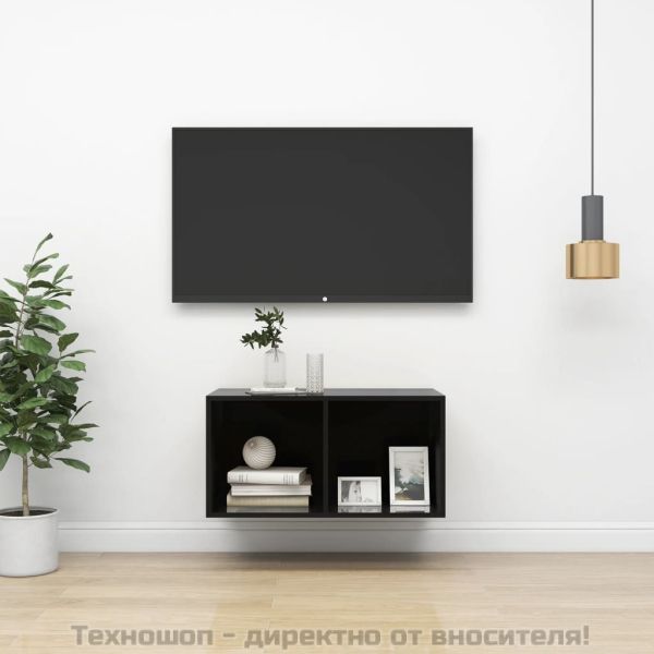 ТВ шкаф за стенен монтаж, черен гланц, 37x37x72 см