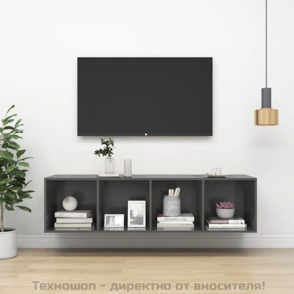 ТВ шкаф за стенен монтаж, сив гланц, 37x37x142,5 см