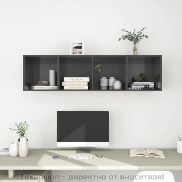 ТВ шкаф за стенен монтаж, сив гланц, 37x37x142,5 см