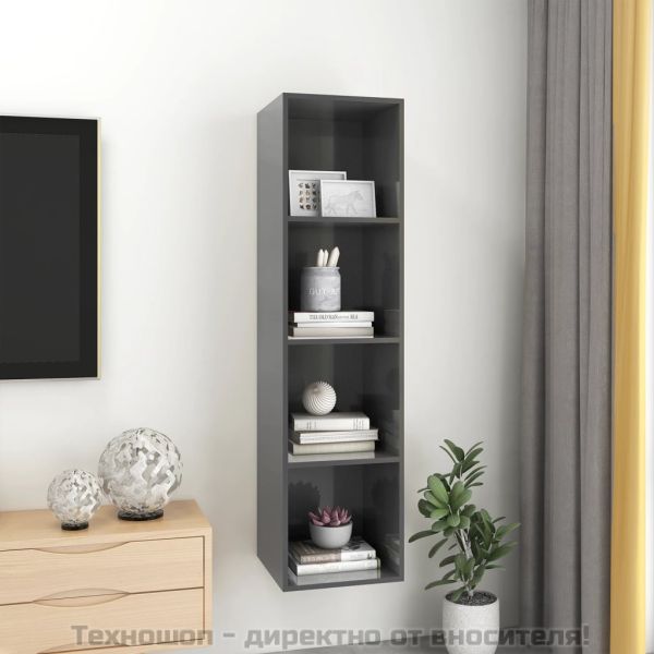 ТВ шкаф за стенен монтаж, сив гланц, 37x37x142,5 см