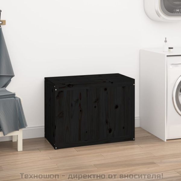 Кутия за пране, черна, 88,5x44x66 см, борово дърво масив