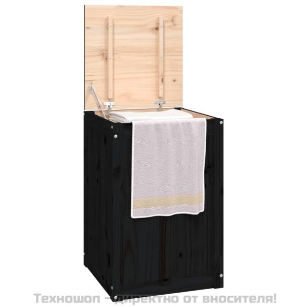 Кутия за пране, черна, 44x44x66 см, борово дърво масив