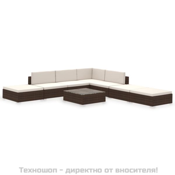 Градински комплект с възглавници, 8 части, кафяв полиратан