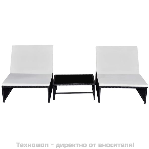 Накланящи се градински столове, 2 бр, с маса, черен, полиратан