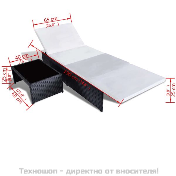 Накланящи се градински столове, 2 бр, с маса, черен, полиратан