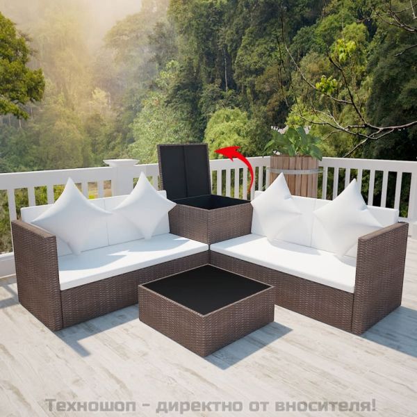 Градински комплект с възглавници, 4 части, кафяв полиратан