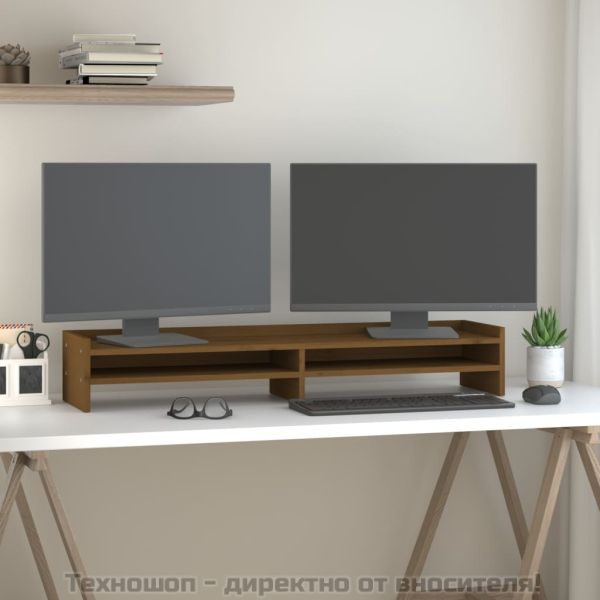 Поставка за монитор, меденокафява, 100x24x16 см, бор масив