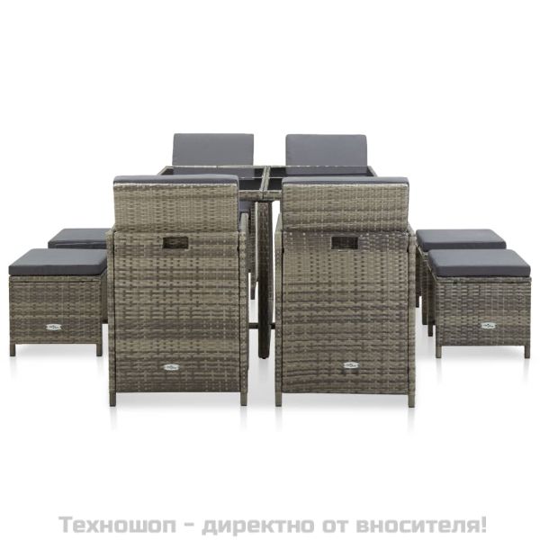 Градински комплект с възглавници, 9 части, полиратан, сив