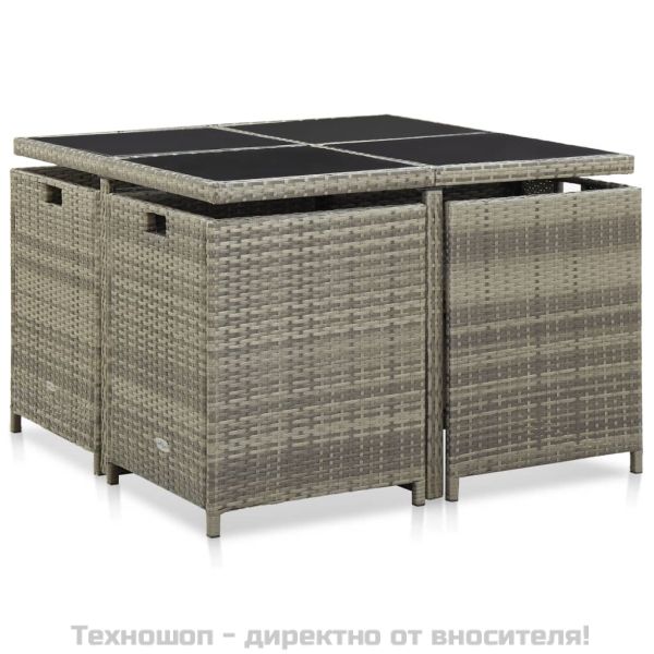 Градински комплект с възглавници, 9 части, полиратан, сив