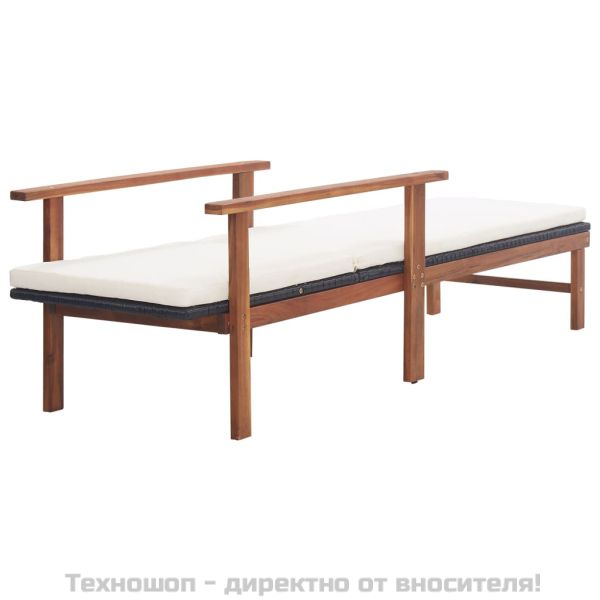 Шезлонг с възглавница, полиратан и акация масив, черен