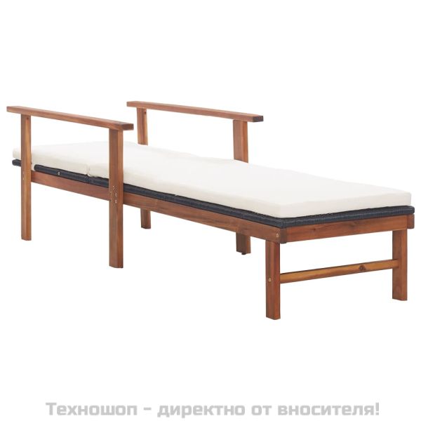 Шезлонг с възглавница, полиратан и акация масив, черен