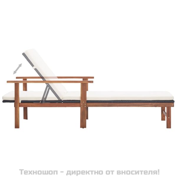 Шезлонг с възглавница, полиратан и акация масив, черен