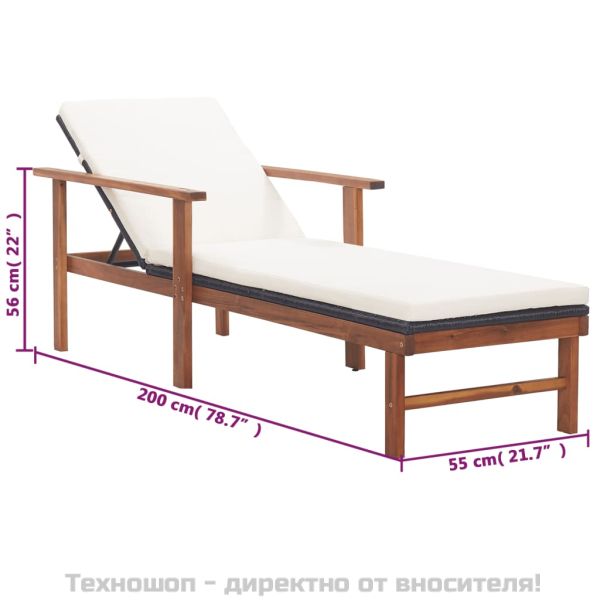 Шезлонг с възглавница, полиратан и акация масив, черен