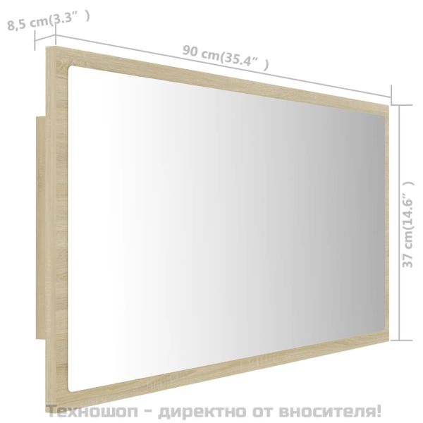 LED огледало за баня, дъб сонома, 90x8,5x37 см, акрил