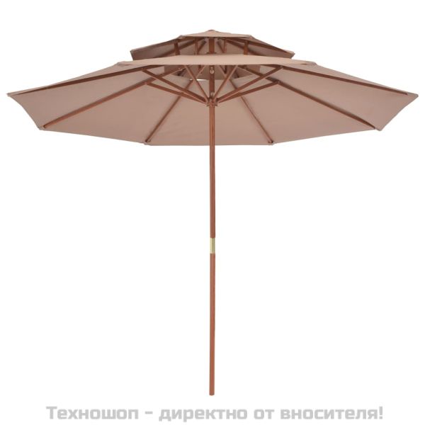 Чадър с двоен покрив и дървен прът, 270 см, таупе