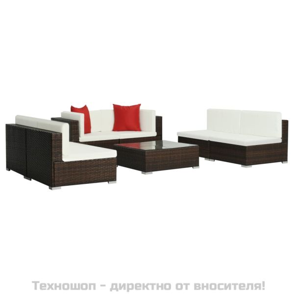 Градински комплект с възглавници, 7 части, кафяв полиратан