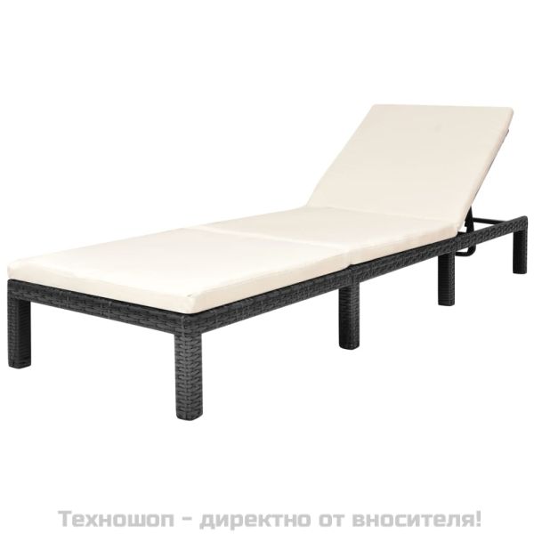 Шезлонг с шалте, черен полиратан