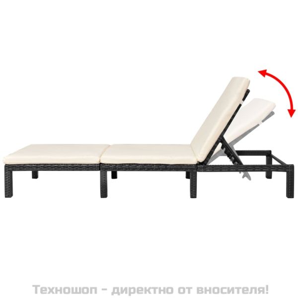 Шезлонг с шалте, черен полиратан