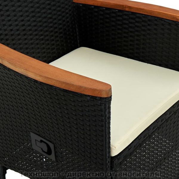 Градински трапезен комплект, 7 части, полиратан, акация, черен