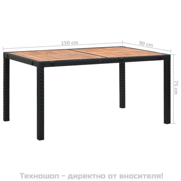 Градински трапезен комплект, 7 части, полиратан, акация, черен