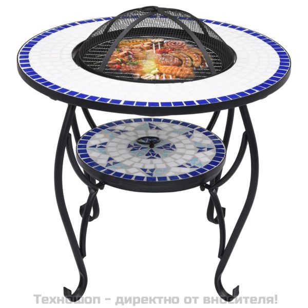 Мозаечна маса с огнище, синьо и бяло, 68 см, керамика