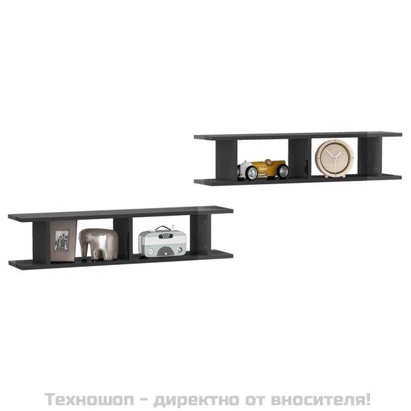 Стенни рафтове, 2 бр, сив гланц, 90x18x20 см, инженерно дърво