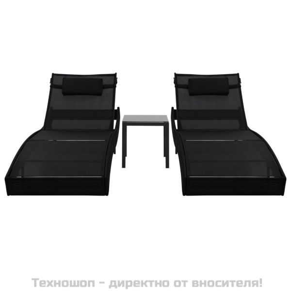 Шезлонги, 2 бр, с масичка, полиратан и Textilene, черни