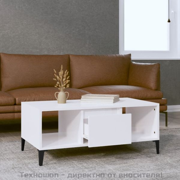 Кафе маса, бял гланц, 90x50x36,5 см, инженерно дърво