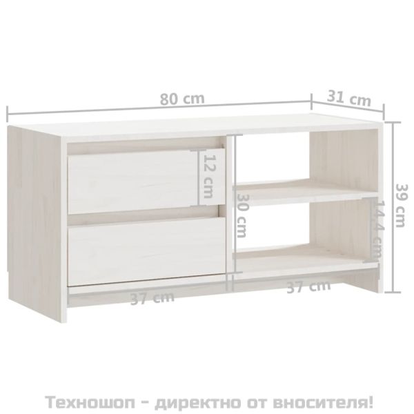 ТВ шкаф, бял, 80x31x39 см, борово дърво масив