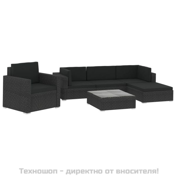 Градински комплект с възглавници, 6 части, полиратан, черен