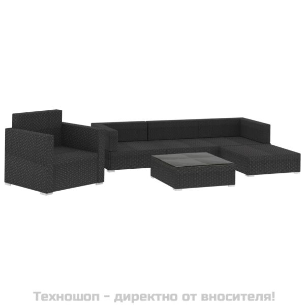 Градински комплект с възглавници, 6 части, полиратан, черен