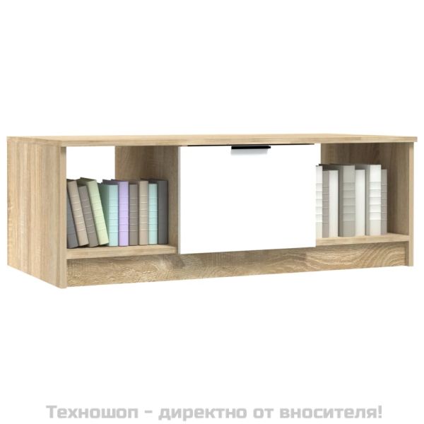 Кафе маса, бяло и дъб сонома, 102x50x36 см, инженерно дърво