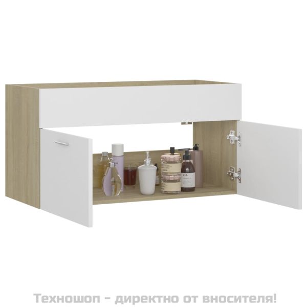 Долен шкаф за мивка, бяло и дъб сонома, 90x38,5x46 см