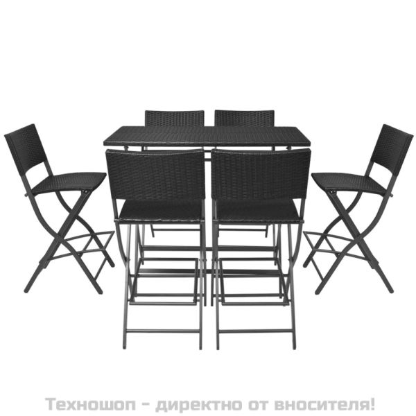 Сгъваем градински комплект, 7 части, стомана, черен полиратан