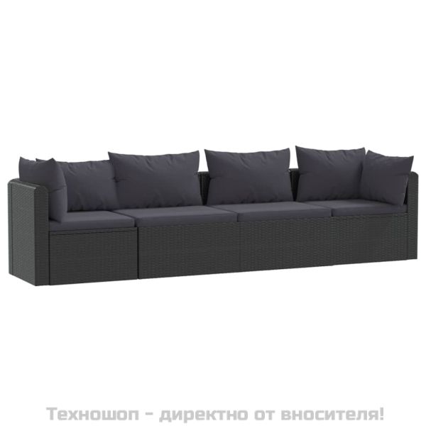 Градински комплект с възглавници, 4 части, полиратан, черен