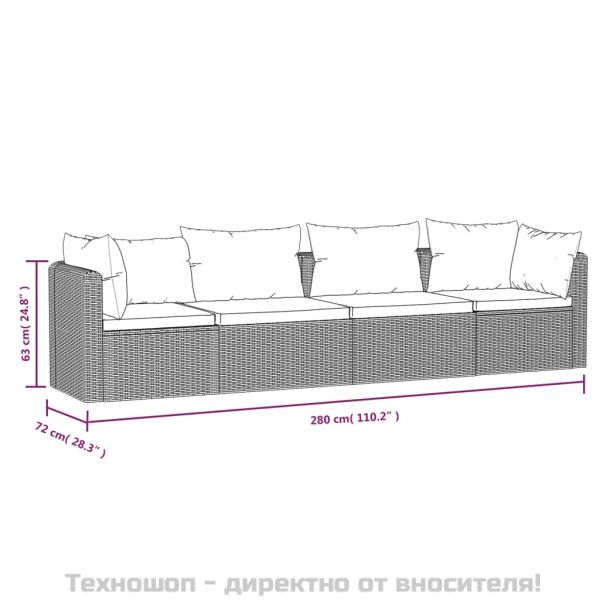 Градински комплект с възглавници, 4 части, полиратан, черен