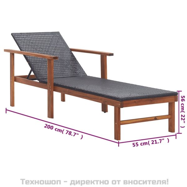 Шезлонг, полиратан и акация масив, черен