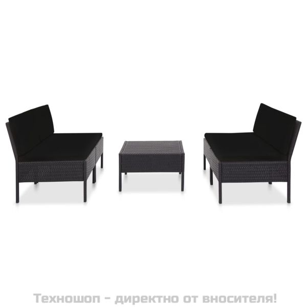 Градински комплект с възглавници, 5 части, полиратан, черен