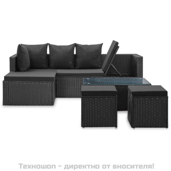 Градински комплект с възглавници, 4 части, полиратан, черен