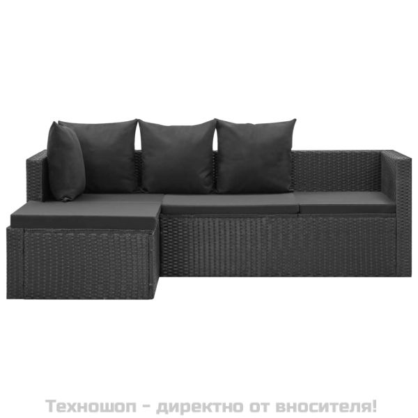 Градински комплект с възглавници, 4 части, полиратан, черен