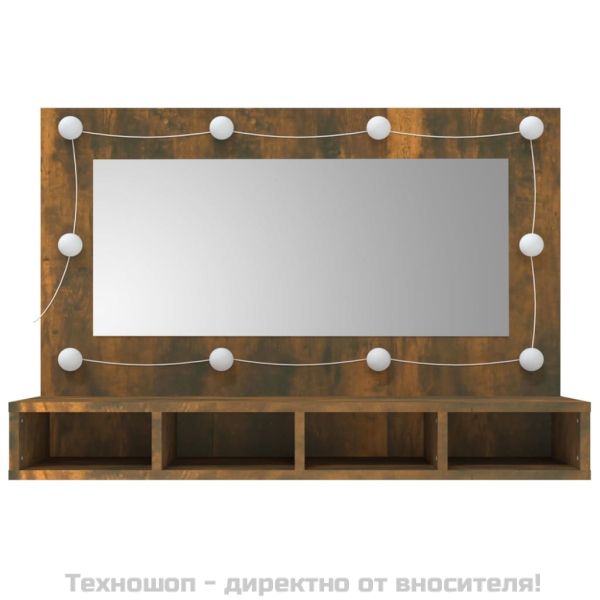Огледален шкаф с LED, опушен дъб, 90x31,5x62 см