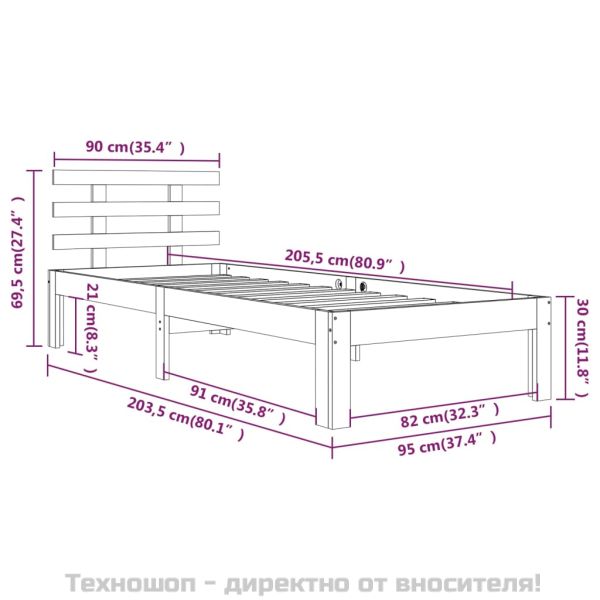 Рамка за легло, бяла, масивно дърво, 90х200 см