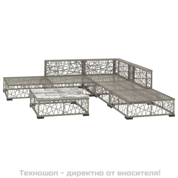 Градински комплект с възглавници, 6 части, полиратан, сив