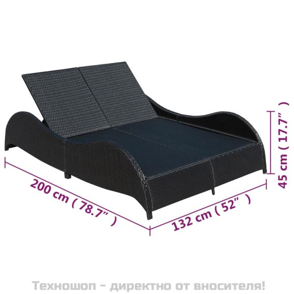 Двоен шезлонг с шалте, полиратан, черен