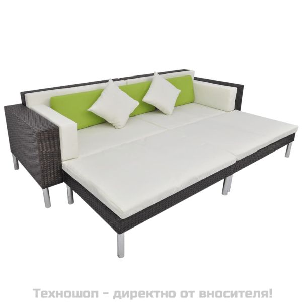 Градински комплект с възглавници, 4 части, кафяв полиратан