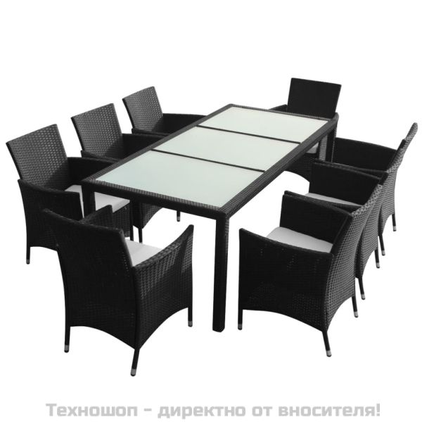 Градински комплект с възглавници, 9 части, черен полиратан