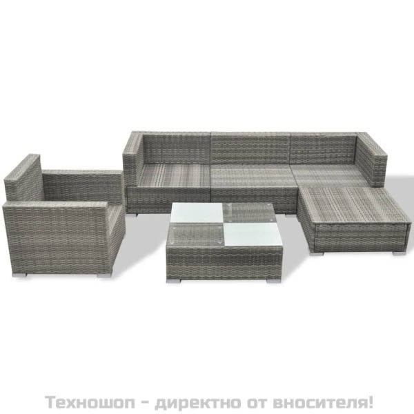 Градински комплект с възглавници, 6 части, сив полиратан