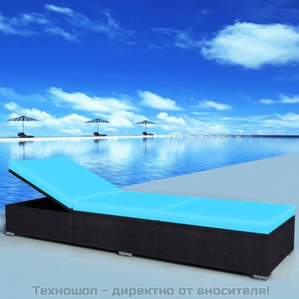 Шезлонг с шалте, черен полиратан